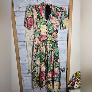 Vtg 80's Carol Anderson Cottagecore Floral Print Cotton Button Down Midi Dress